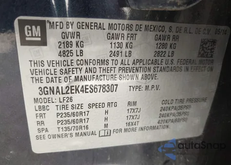 2014 Chevrolet Captiva Sport 2Ls z USA, uszkodzony, nr VIN 3GNAL2EK4ES678307